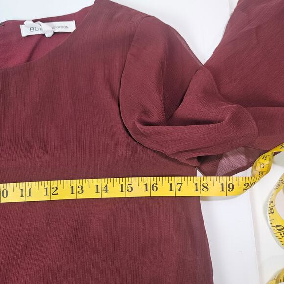 BCBGeneration Women XS Burgundy Chiffon Sheer Bell Sleeve Ruffle Top Indie/Boho - Picture 9 of 10